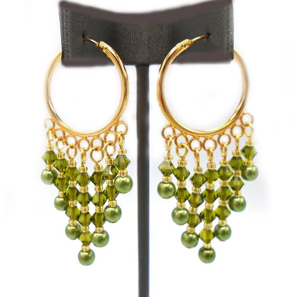 NWT ~ AUSTRIAN CRYSTALS and Crystal Pearls Hoop Chandelier Earrings Olivine NWT - Picture 1 of 2